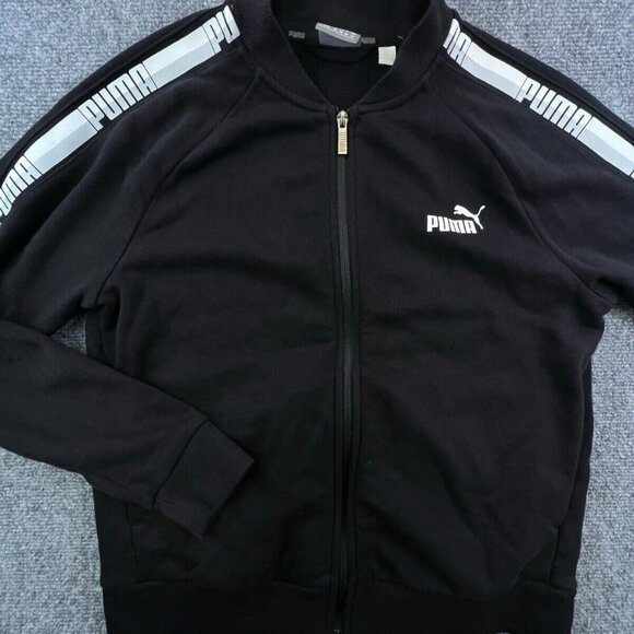 *PUMA Black Full Zip Sweatshirt Youth Women Large Cotton Puma Logo Stripe Sleeve - Picture 1 of 10